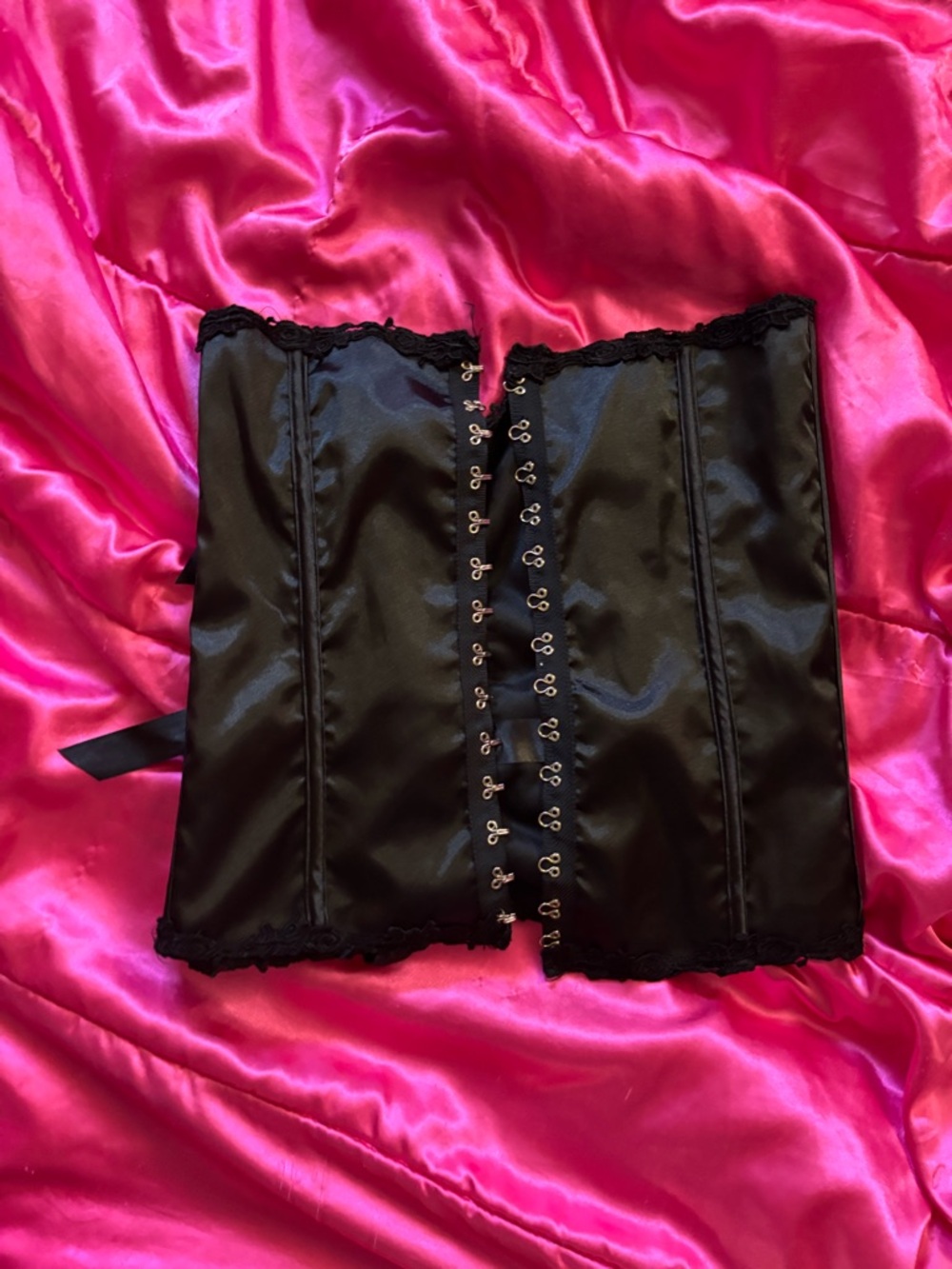Y2k Elegant Moments Black Satin Lingerie with Pink Logo Accent